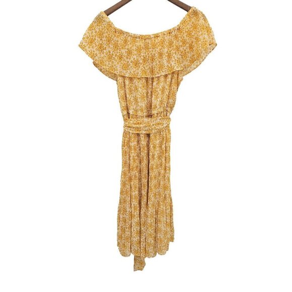 Michael Michael Kors Yellow Floral Midi Dress Sz XL Tie Waist Off Shoulder NEW - Picture 2 of 14